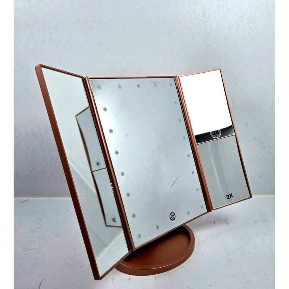 Deweisn Tri-Fold Vanity Makeup Mirror Pedestal with 21 LED Lights‎ - Rose Gold